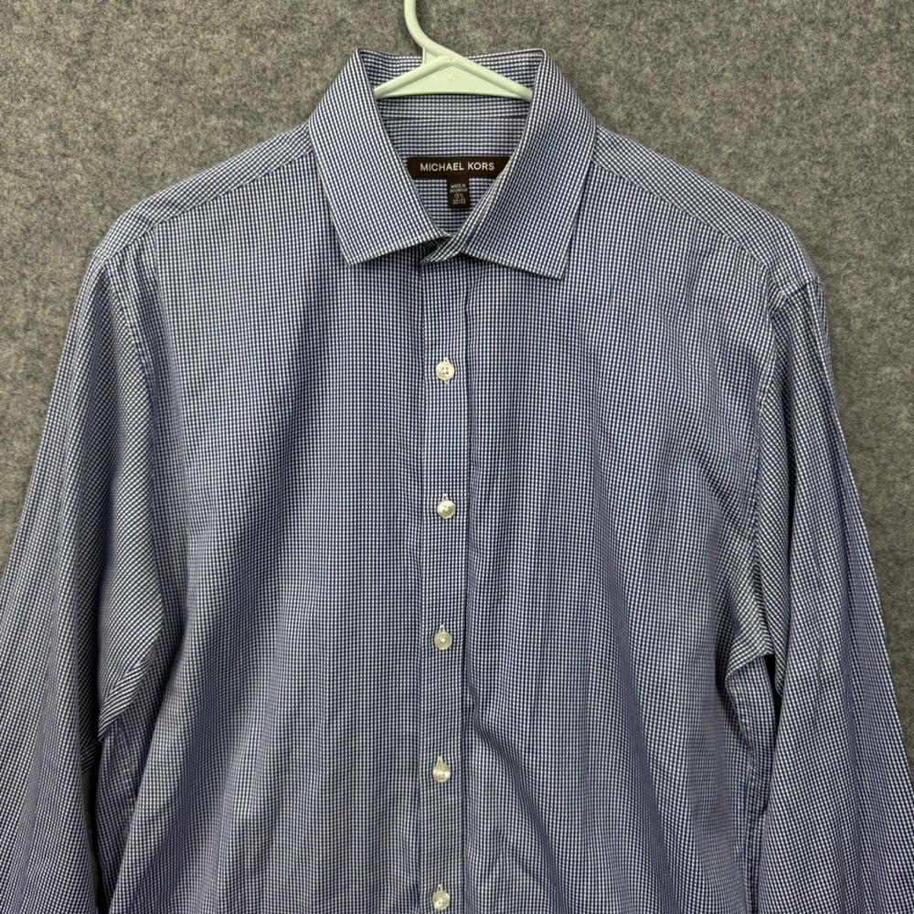 Michael Kors Mens Blue White Micro Gingham Dress Shirt 15.5 32/33 Long Sleeve - Picture 4 of 8